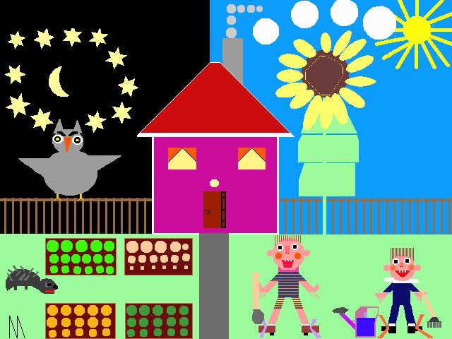Titelbild der Ausstellung: ein Haus zwischen Tag und Nacht, Gärten und spielenden Kindern.